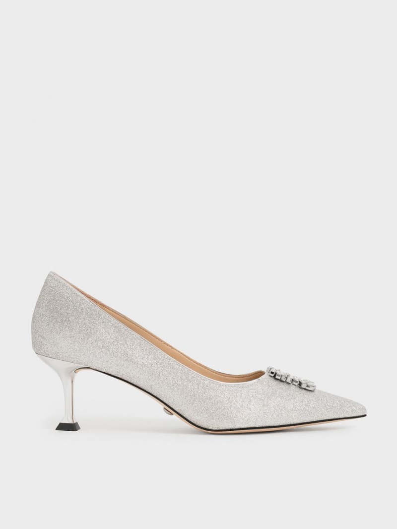 Charles And Keith Glittered Gem-Embellished Kitten Heel Pumps Silver | PHILIPPINES Y807