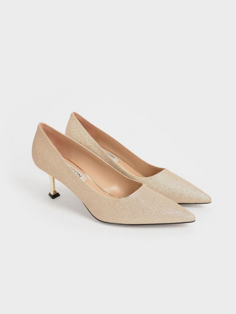 Charles And Keith Glittered Kitten Heel Pumps Gold | PHILIPPINES Z592