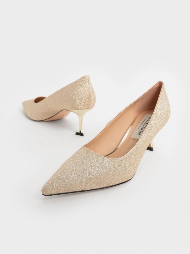 Charles And Keith Glittered Kitten Heel Pumps Gold | PHILIPPINES Z592