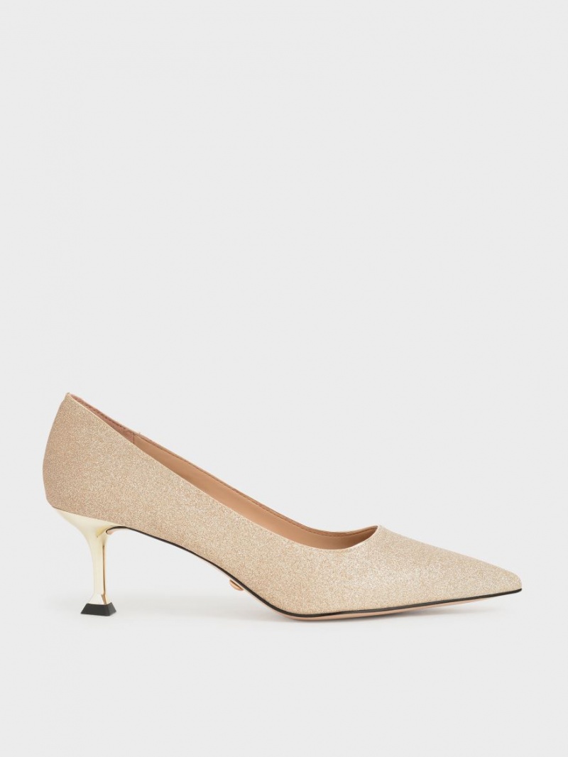 Charles And Keith Glittered Kitten Heel Pumps Gold | PHILIPPINES Z592