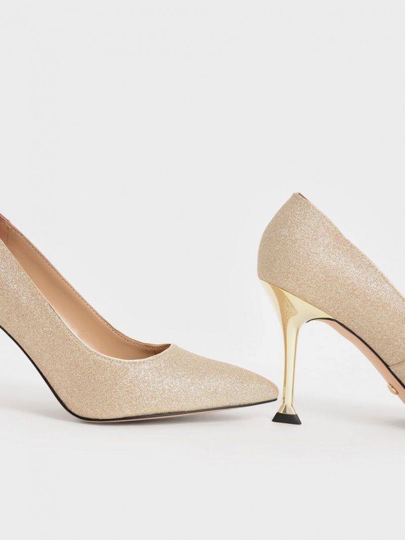 Charles And Keith Glittered Sculptural Stiletto Heel Pumps Gold | PHILIPPINES L708