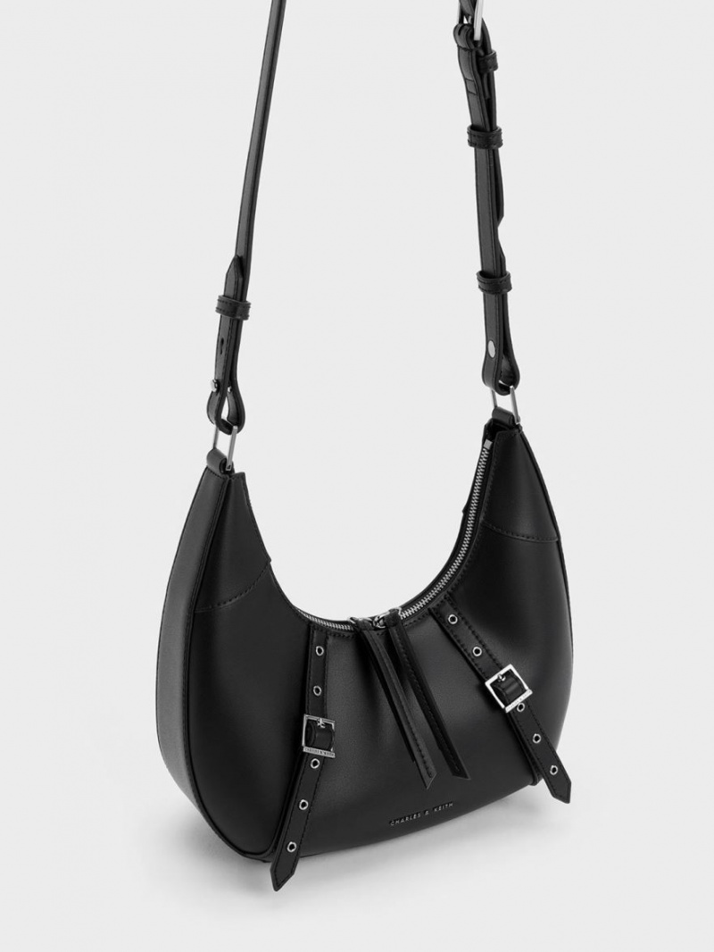 Charles And Keith Grommet Crescent Hobo Bag Black | PHILIPPINES Y315