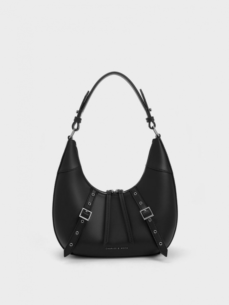 Charles And Keith Grommet Crescent Hobo Bag Black | PHILIPPINES Y315