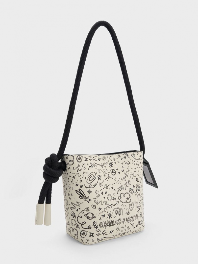 Charles And Keith Gwiana Knotted Printed Bucket Bags Cream | PHILIPPINES P624