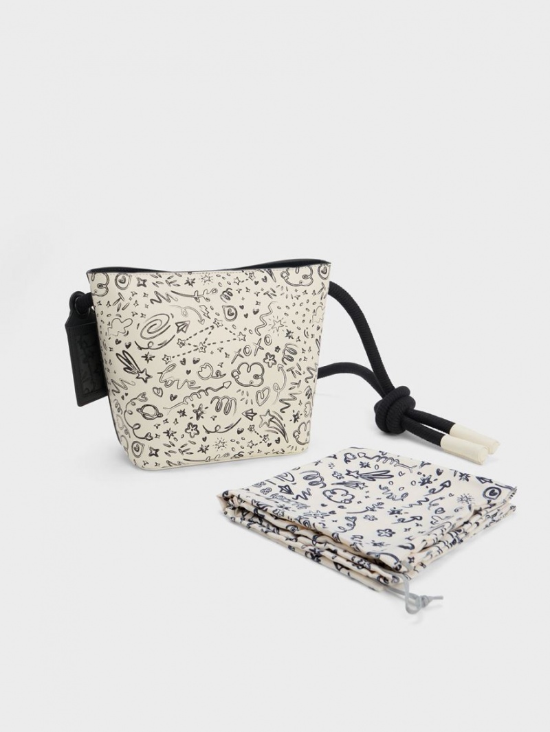 Charles And Keith Gwiana Knotted Printed Bucket Bags Cream | PHILIPPINES P624