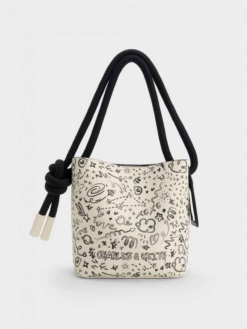 Charles And Keith Gwiana Knotted Printed Bucket Bags Cream | PHILIPPINES P624