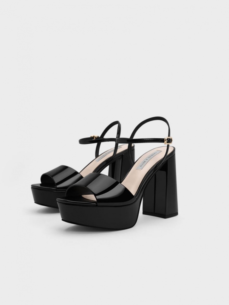 Charles And Keith Halle Peep-Toe Patent Platform Sandals Black | PHILIPPINES O364