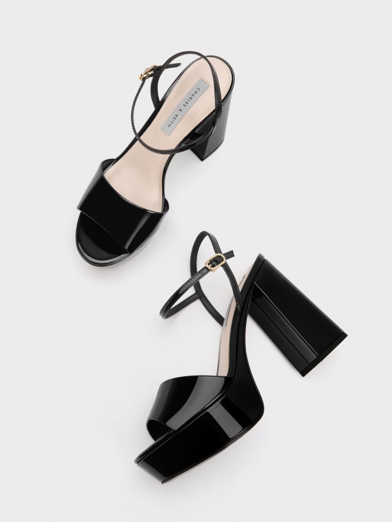 Charles And Keith Halle Peep-Toe Patent Platform Sandals Black | PHILIPPINES O364