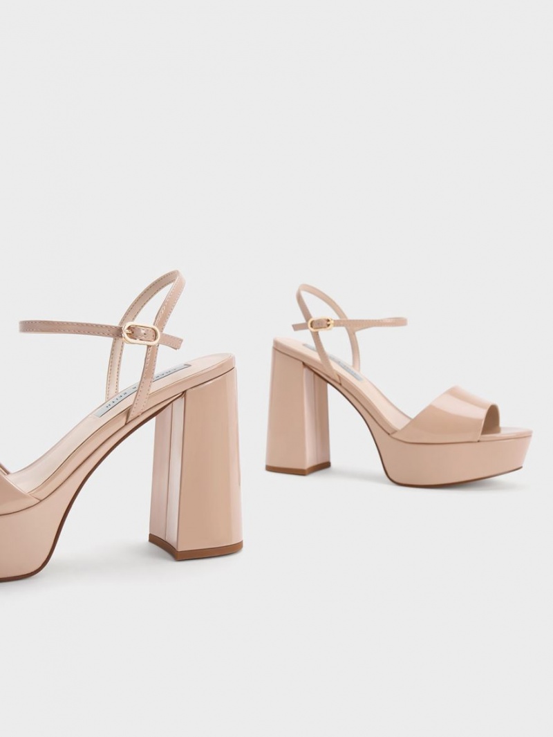 Charles And Keith Halle Peep-Toe Patent Platform Sandals Beige | PHILIPPINES T879