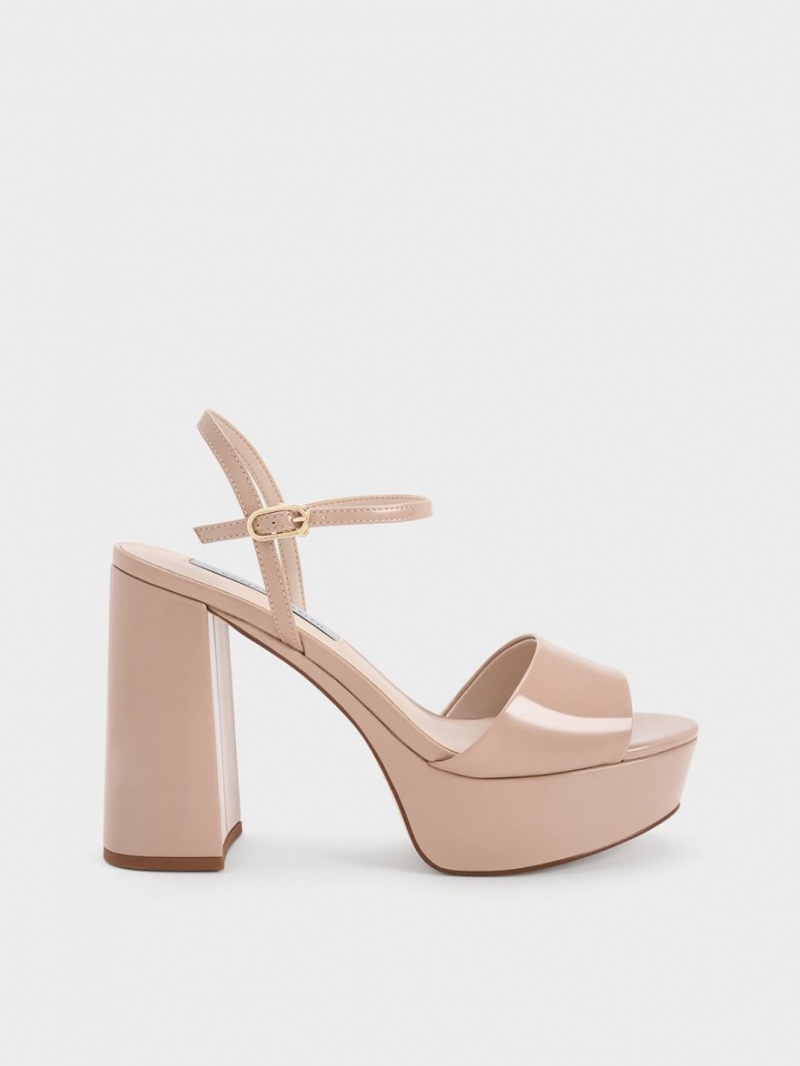 Charles And Keith Halle Peep-Toe Patent Platform Sandals Beige | PHILIPPINES T879