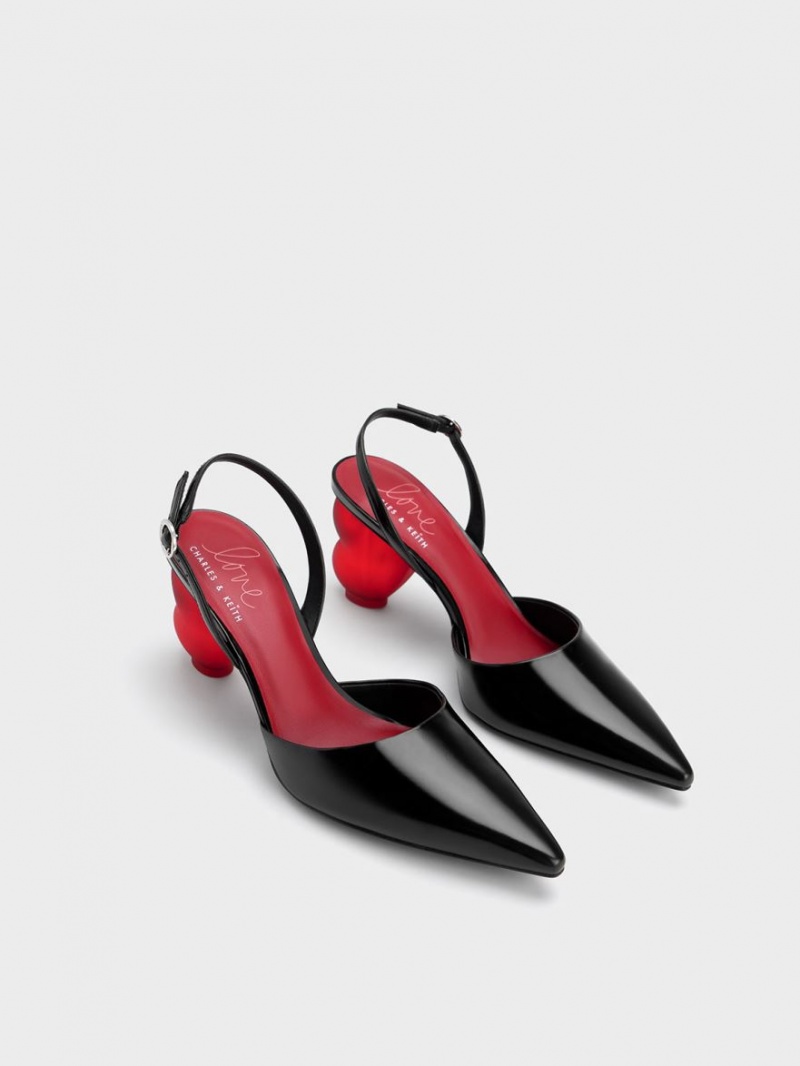 Charles And Keith Heart Heel Slingback Pumps Black | PHILIPPINES H462