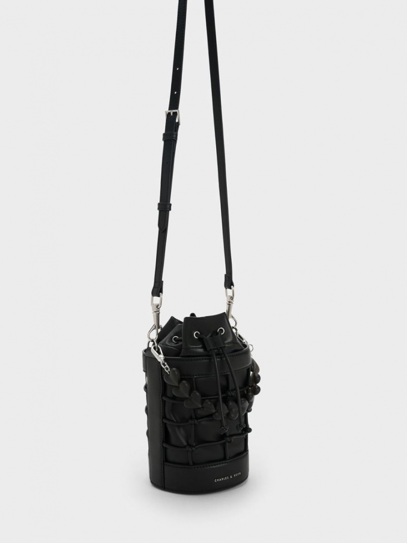 Charles And Keith Heart Motif Caged Bucket Bags Black | PHILIPPINES F674