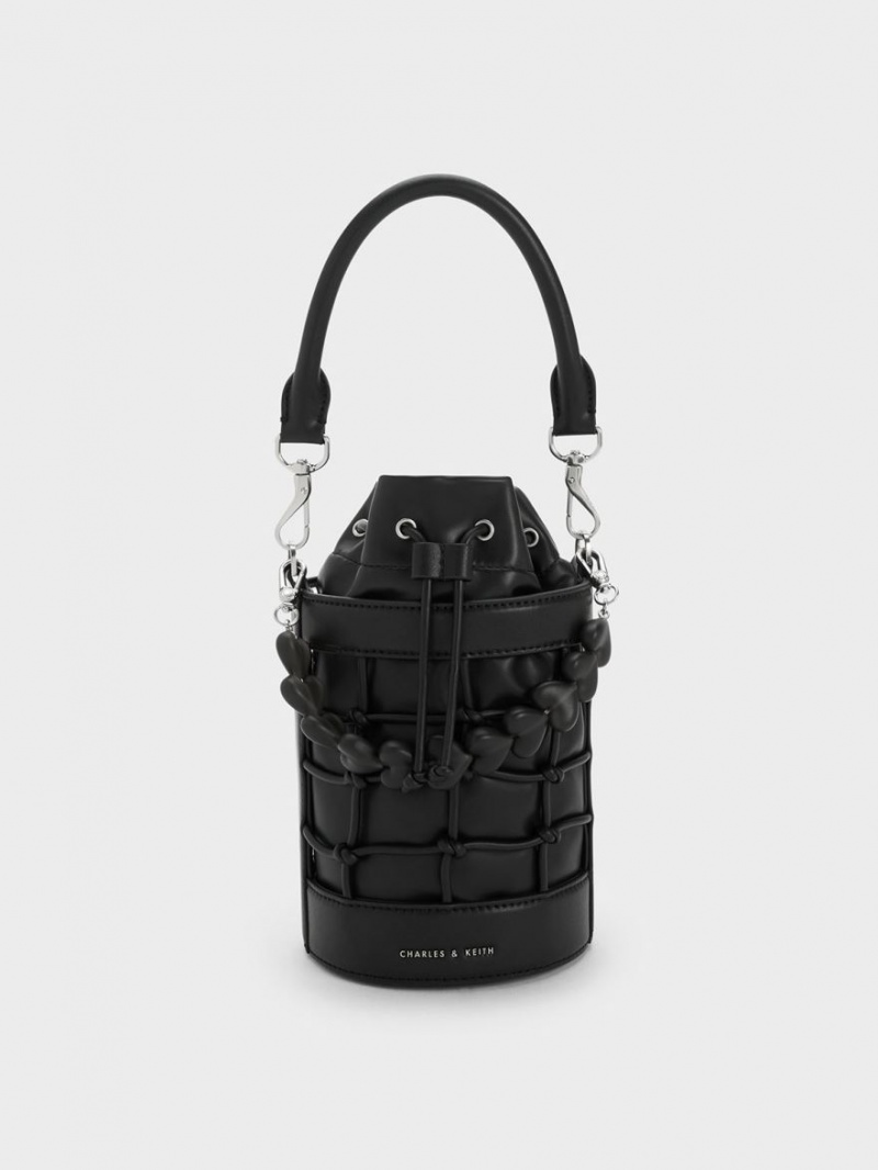 Charles And Keith Heart Motif Caged Bucket Bags Black | PHILIPPINES F674