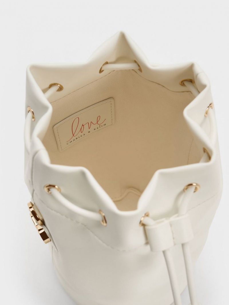 Charles And Keith Heart Motif Caged Bucket Bags White | PHILIPPINES O302