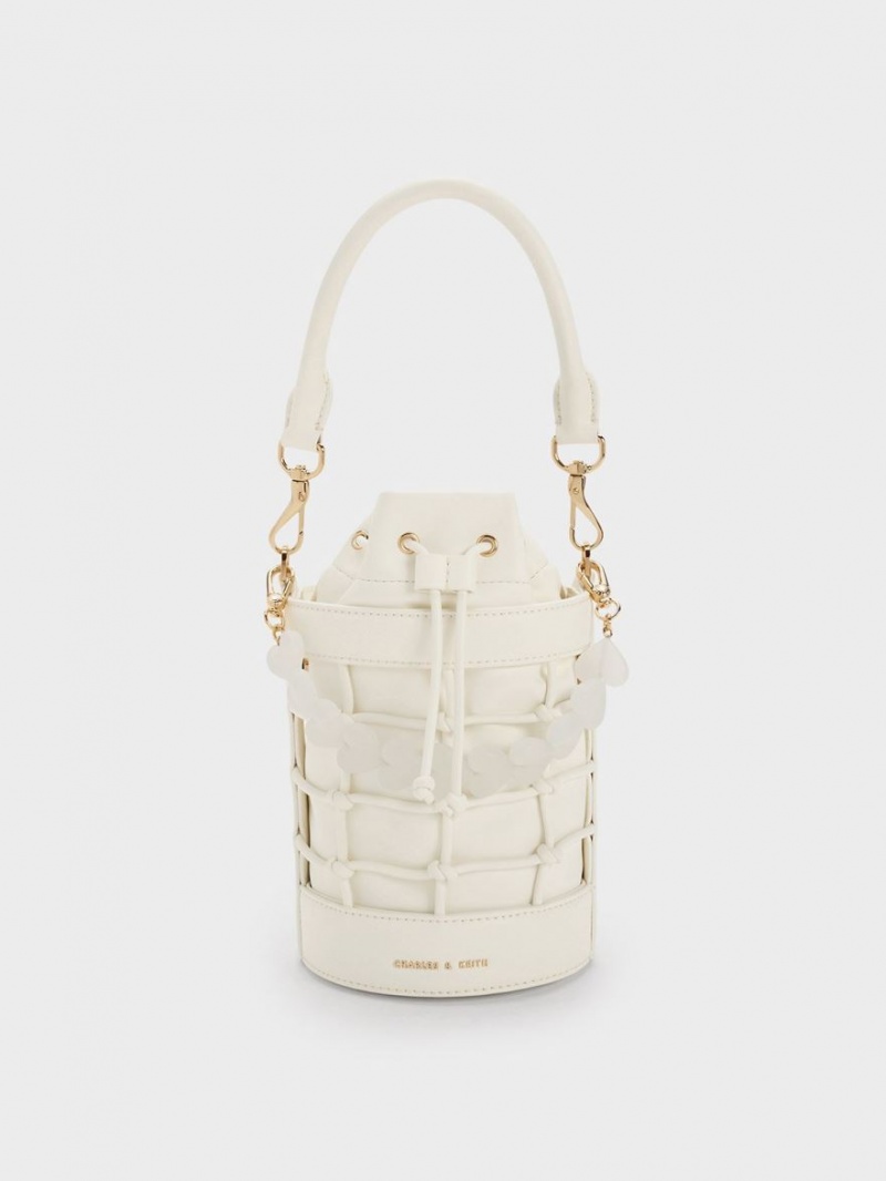 Charles And Keith Heart Motif Caged Bucket Bags White | PHILIPPINES O302