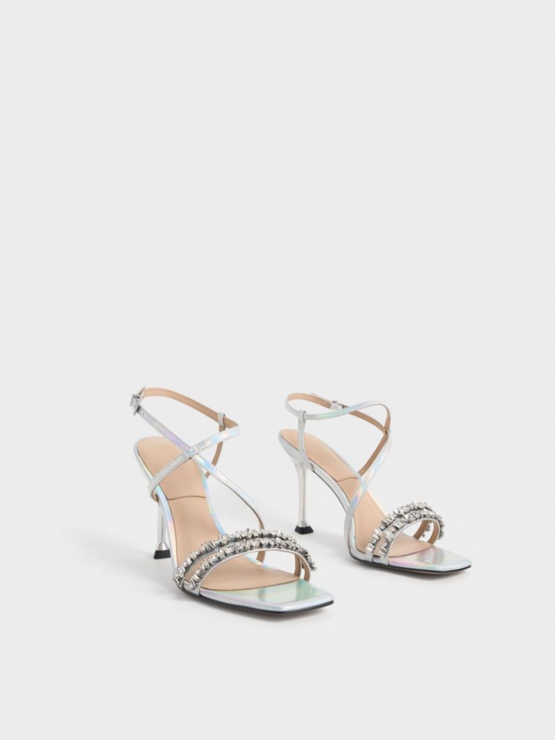 Charles And Keith Holographic Leather Gem-Embellished Strap Sandals Multicolor | PHILIPPINES K425