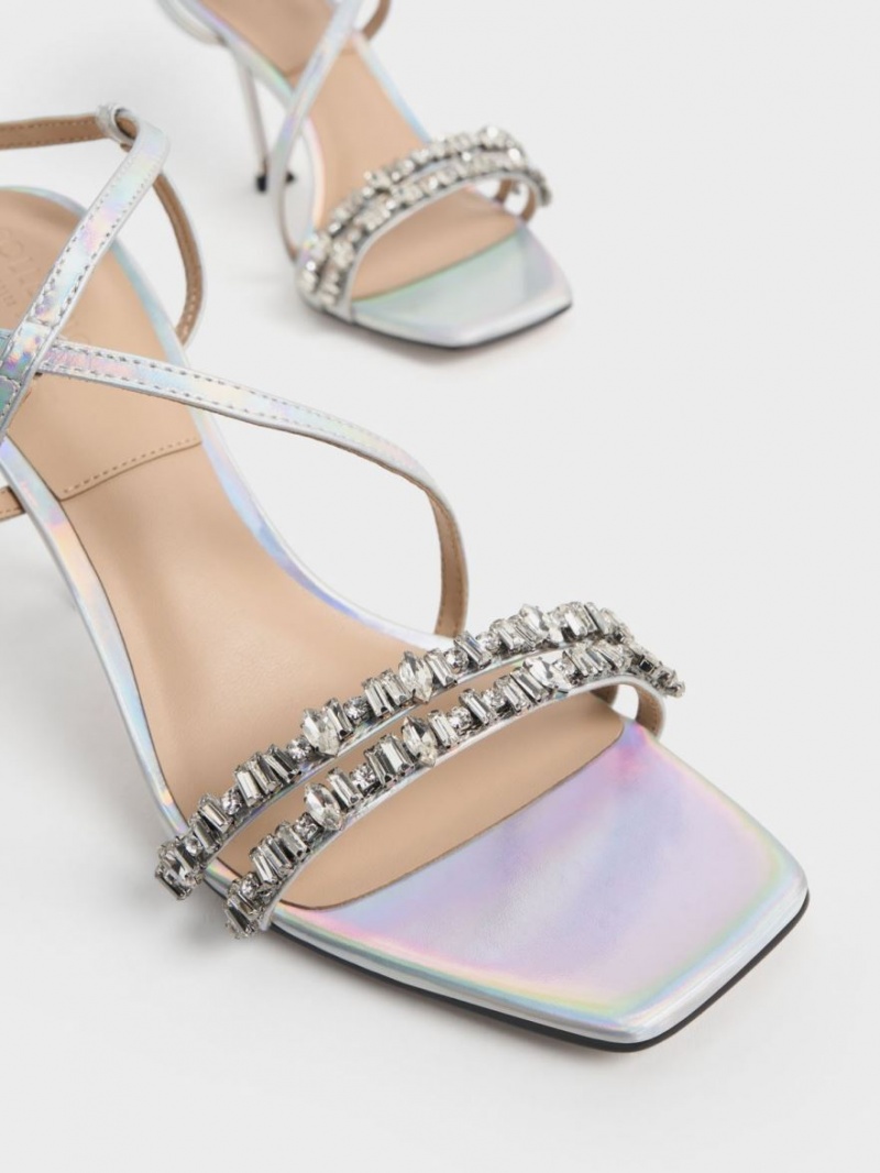 Charles And Keith Holographic Leather Gem-Embellished Strap Sandals Multicolor | PHILIPPINES K425