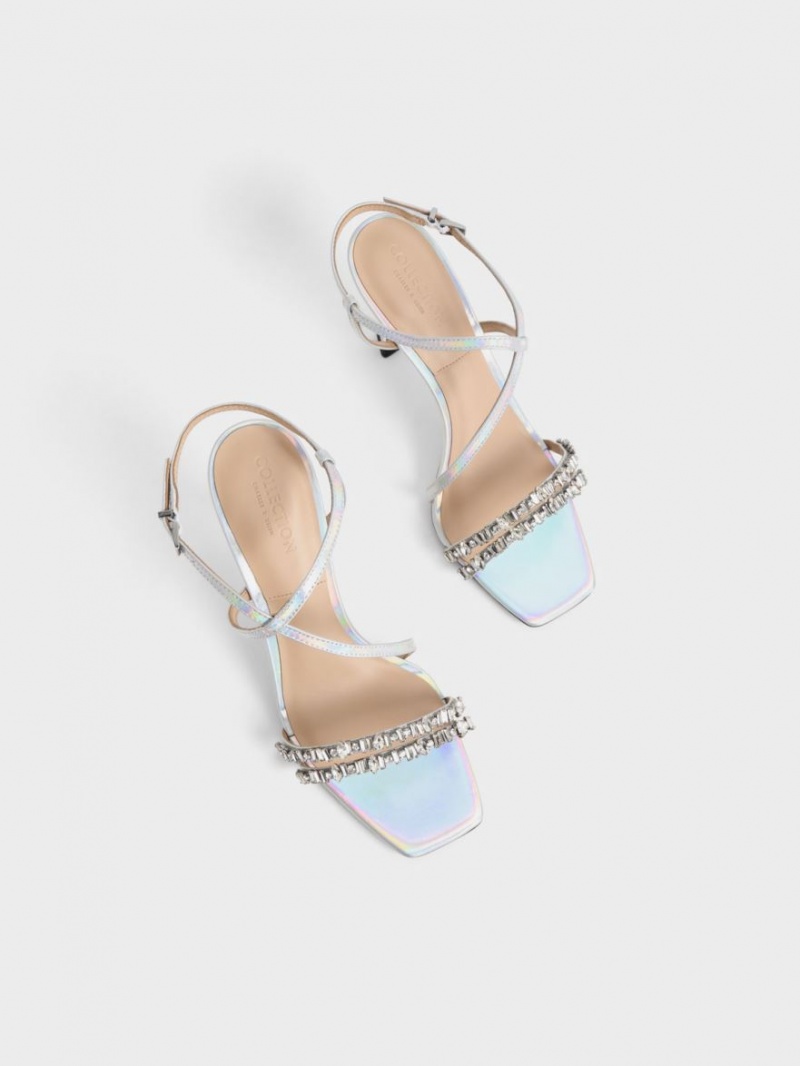 Charles And Keith Holographic Leather Gem-Embellished Strap Sandals Multicolor | PHILIPPINES K425