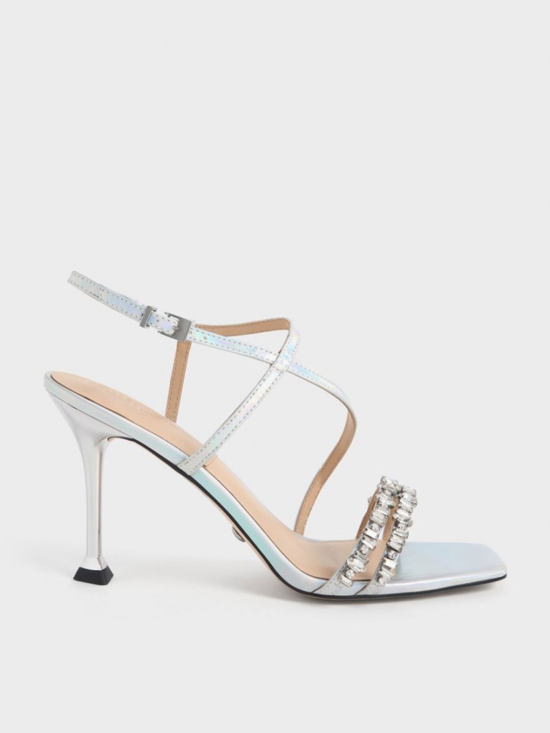 Charles And Keith Holographic Leather Gem-Embellished Strap Sandals Multicolor | PHILIPPINES K425