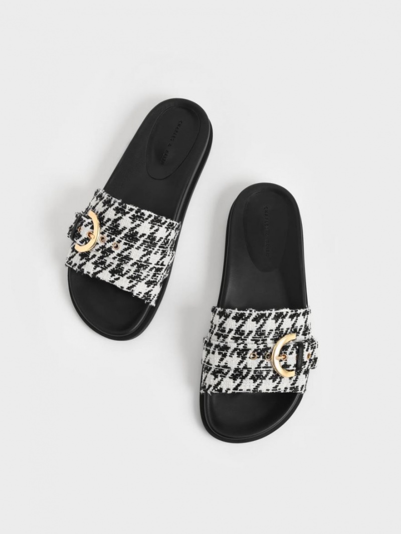 Charles And Keith Houndstooth Studded Buckle Slide Sandals Multicolor | PHILIPPINES N540