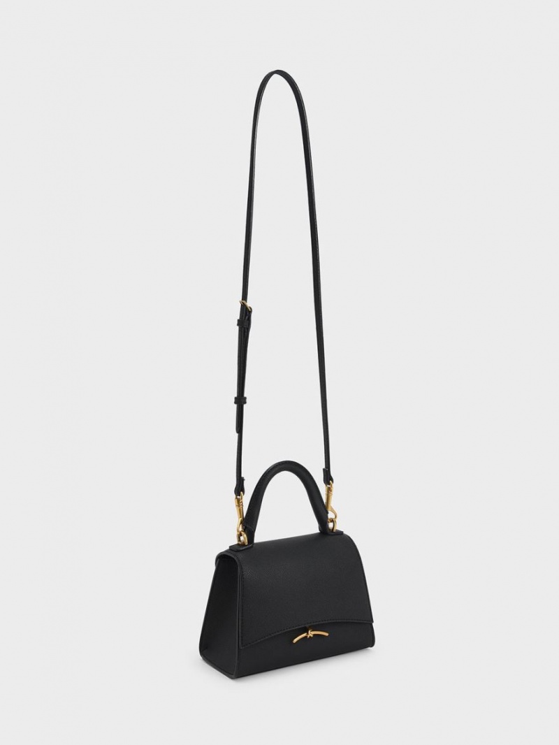 Charles And Keith Huxley Metallic Push-Lock Top Handbag Black | PHILIPPINES C423