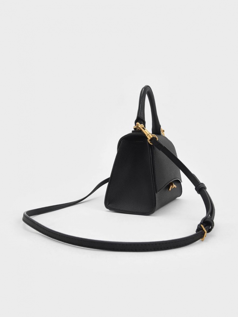 Charles And Keith Huxley Metallic Push-Lock Top Handbag Black | PHILIPPINES C423