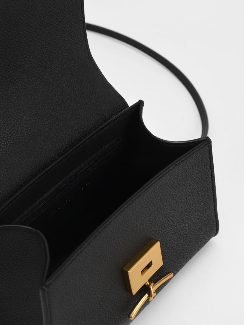 Charles And Keith Huxley Metallic Push-Lock Top Handbag Black | PHILIPPINES C423