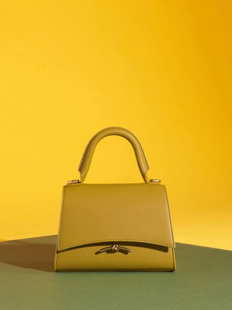 Charles And Keith Huxley Metallic Push-Lock Top Handbag Mustard | PHILIPPINES C809