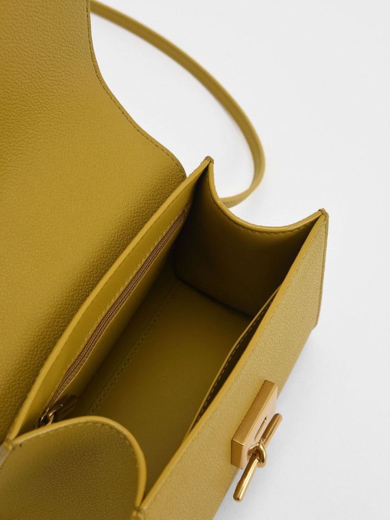 Charles And Keith Huxley Metallic Push-Lock Top Handbag Mustard | PHILIPPINES C809