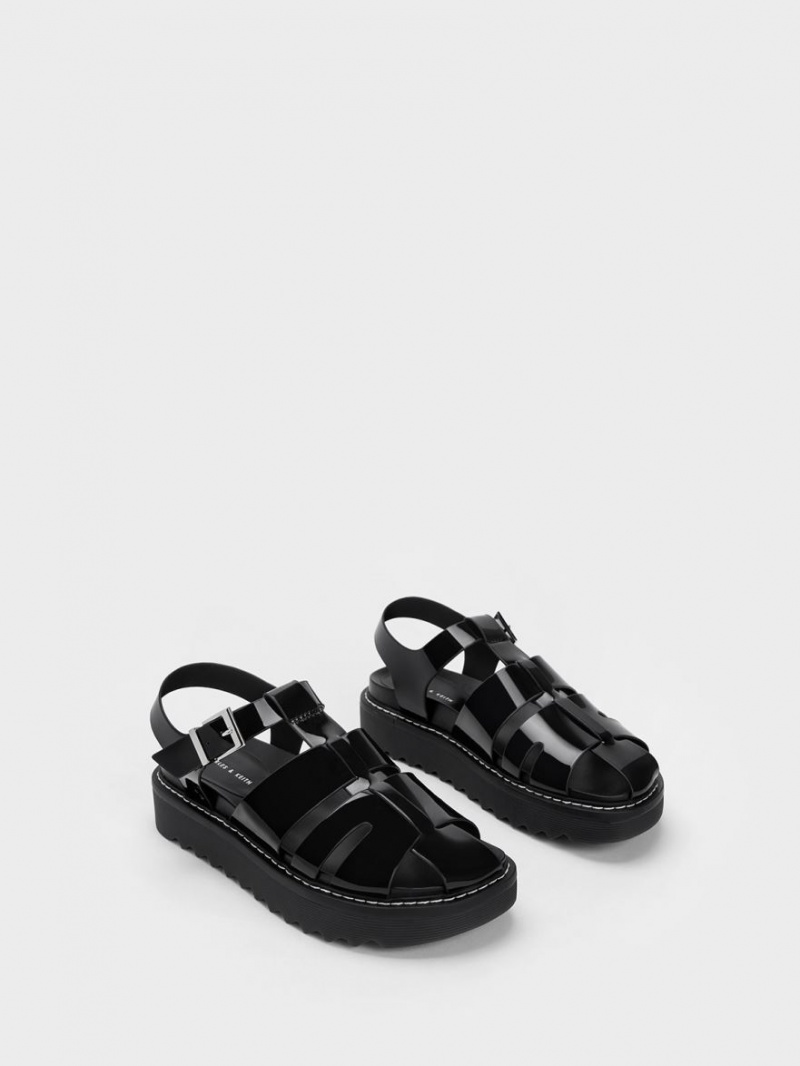 Charles And Keith Interwoven Patent Buckled Platform Sandals Black | PHILIPPINES V167