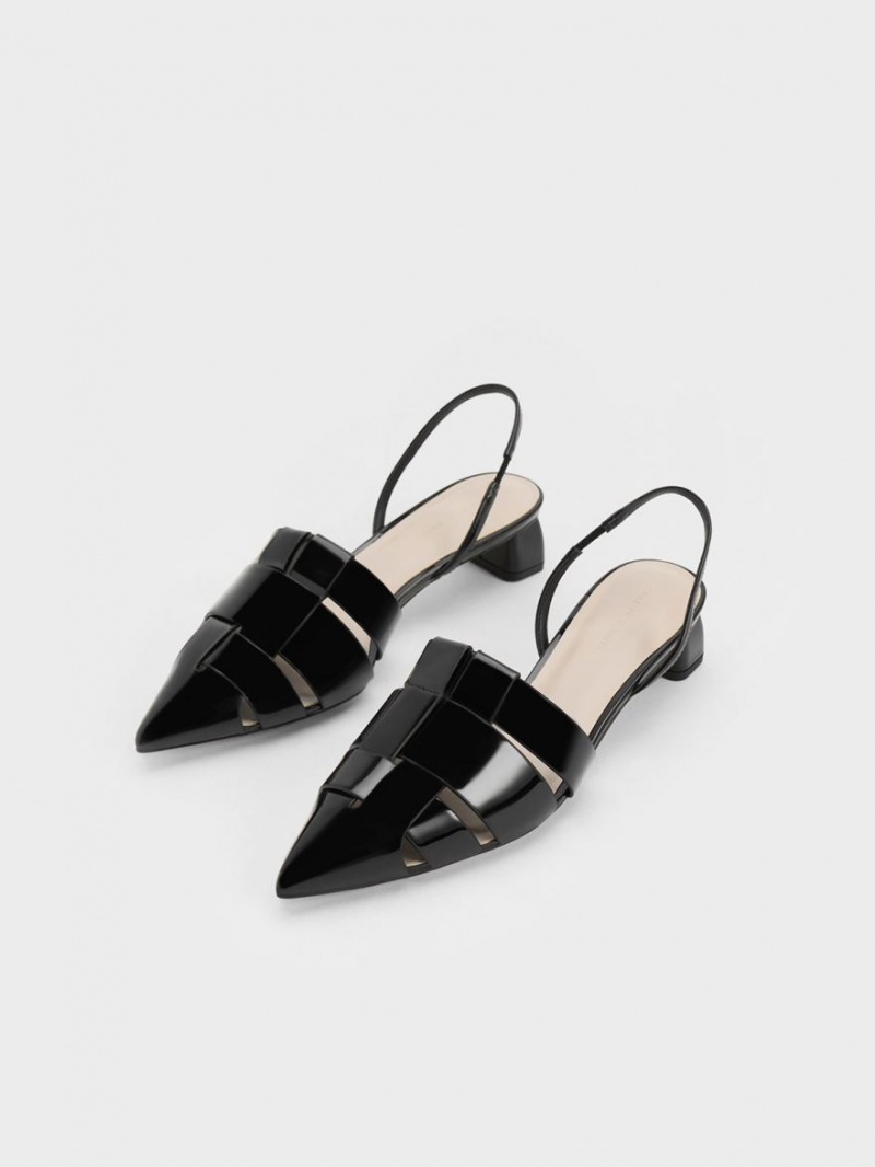 Charles And Keith Interwoven Patent Slingback Pumps Black | PHILIPPINES H356