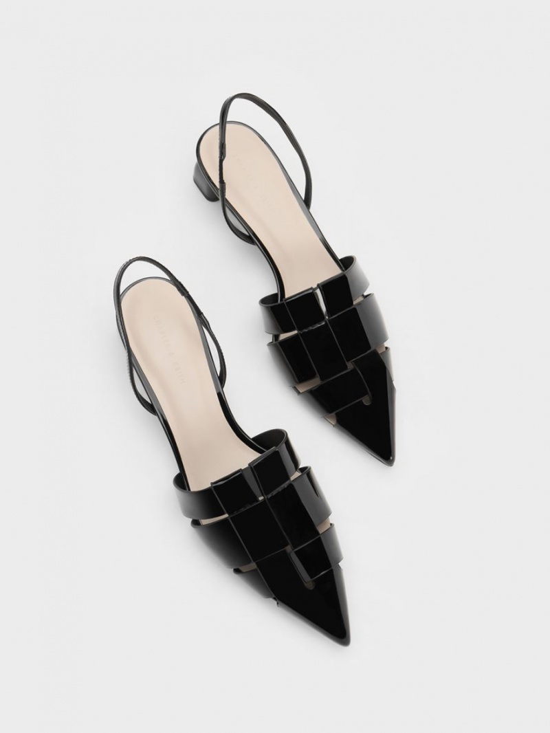 Charles And Keith Interwoven Patent Slingback Pumps Black | PHILIPPINES H356