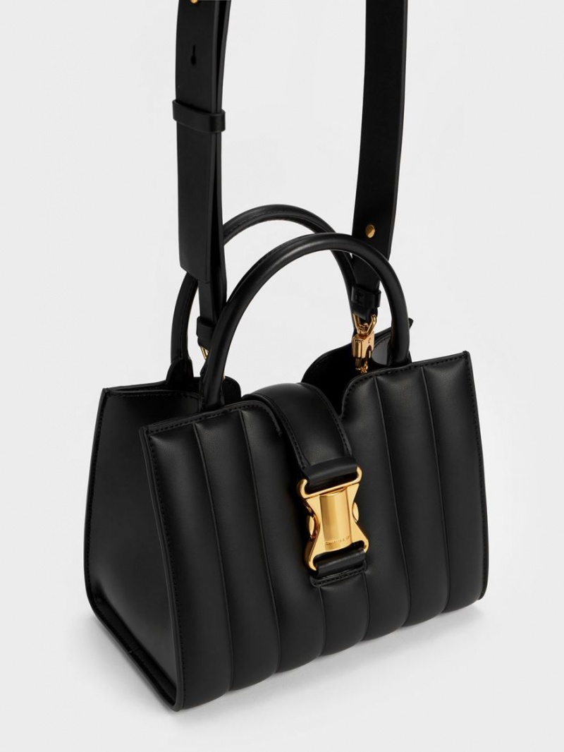 Charles And Keith Ivy Panelled Metallic Buckle Tote Bags Black | PHILIPPINES N058