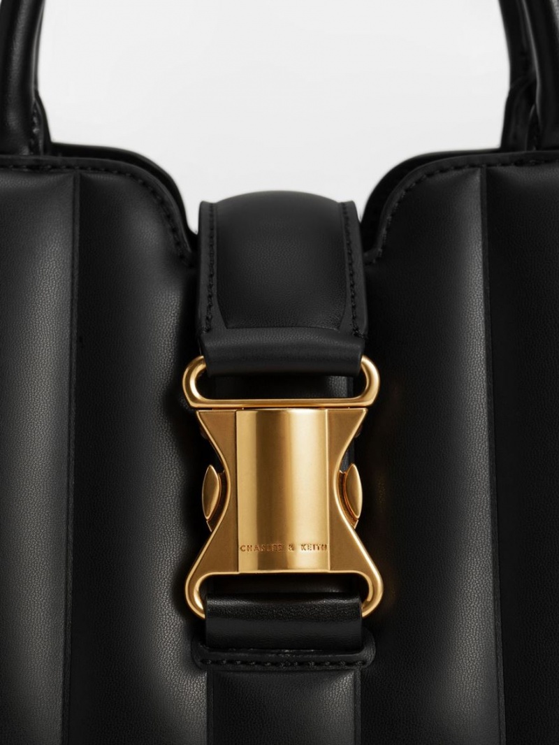 Charles And Keith Ivy Panelled Metallic Buckle Tote Bags Black | PHILIPPINES N058