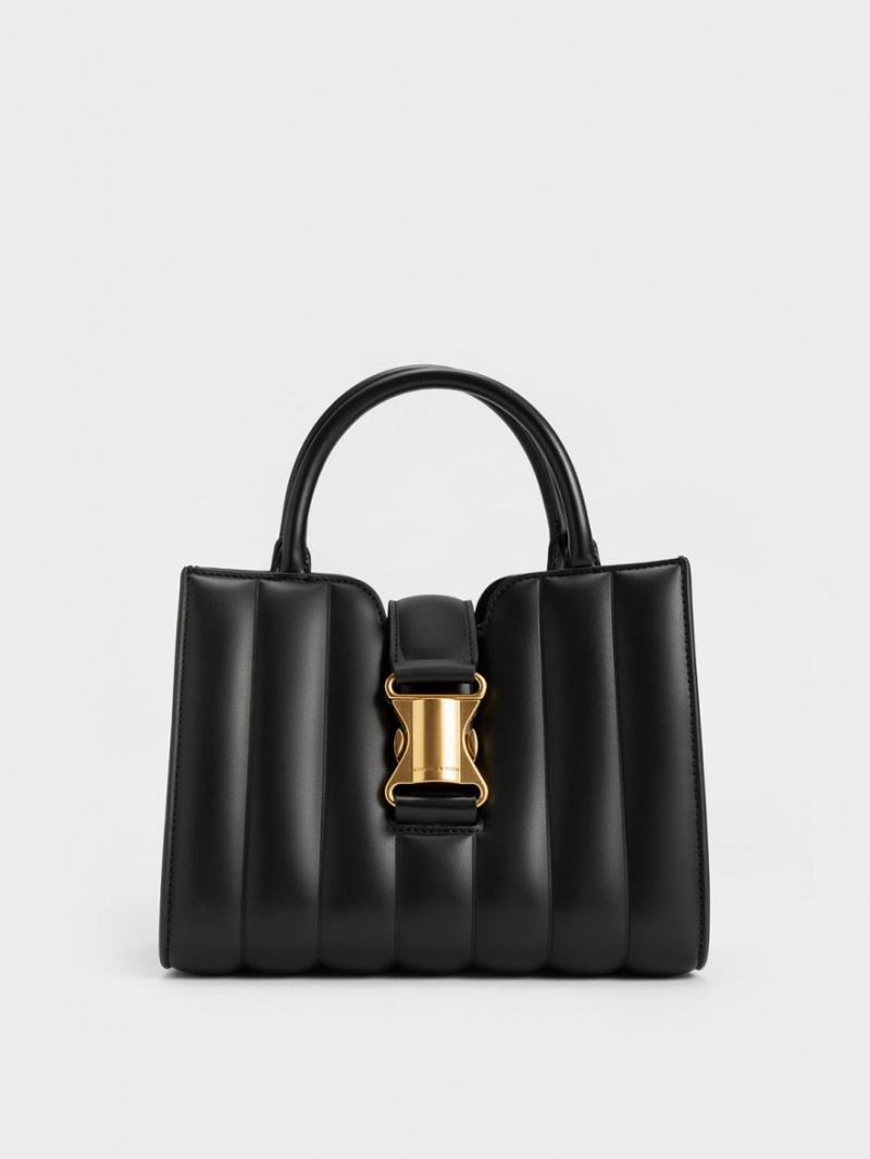 Charles And Keith Ivy Panelled Metallic Buckle Tote Bags Black | PHILIPPINES N058