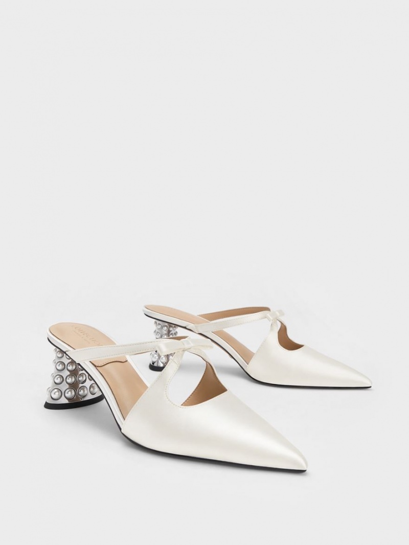 Charles And Keith Jacinda Beaded Heel Bow Mules White | PHILIPPINES Q843