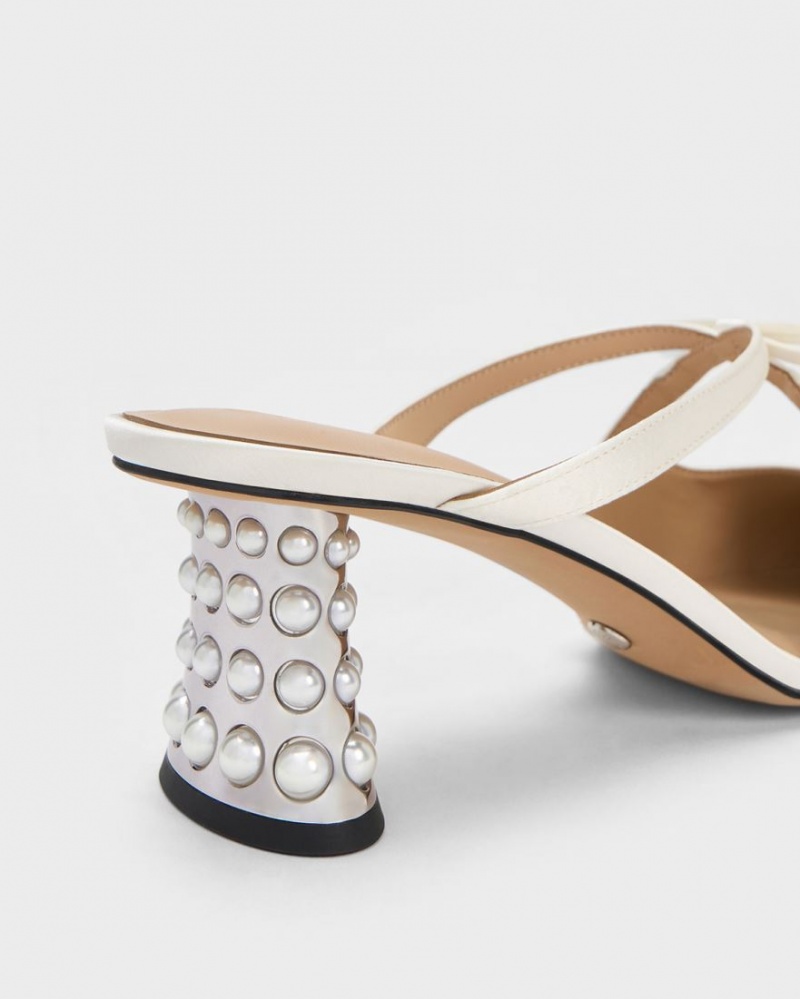 Charles And Keith Jacinda Beaded Heel Bow Mules White | PHILIPPINES Q843