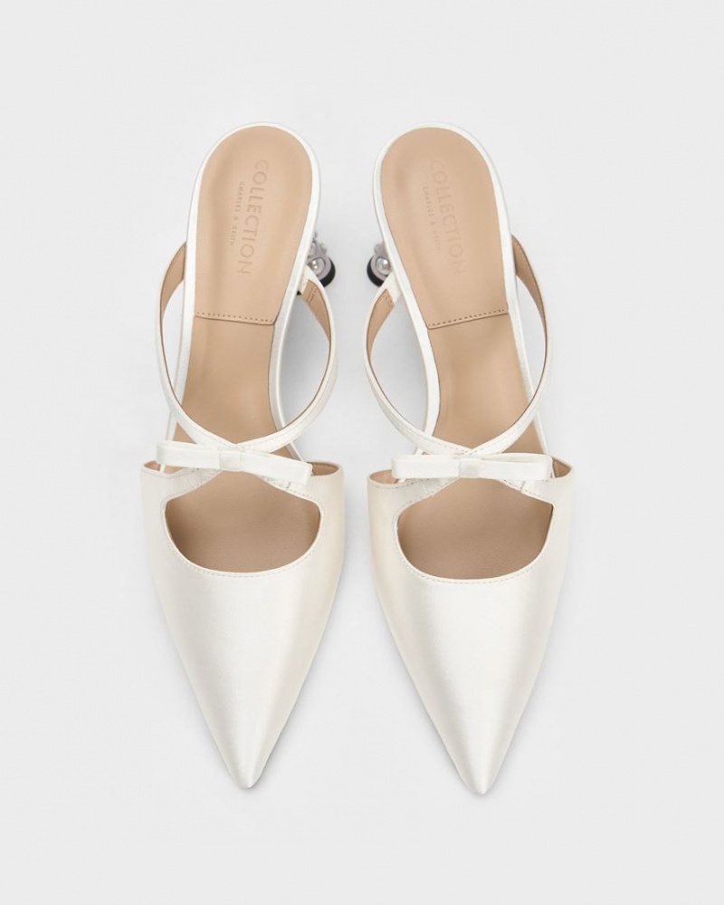 Charles And Keith Jacinda Beaded Heel Bow Mules White | PHILIPPINES Q843