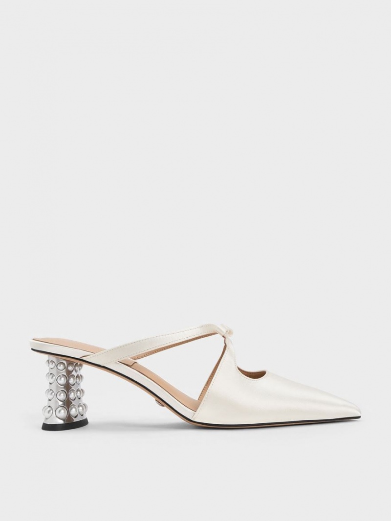 Charles And Keith Jacinda Beaded Heel Bow Mules White | PHILIPPINES Q843