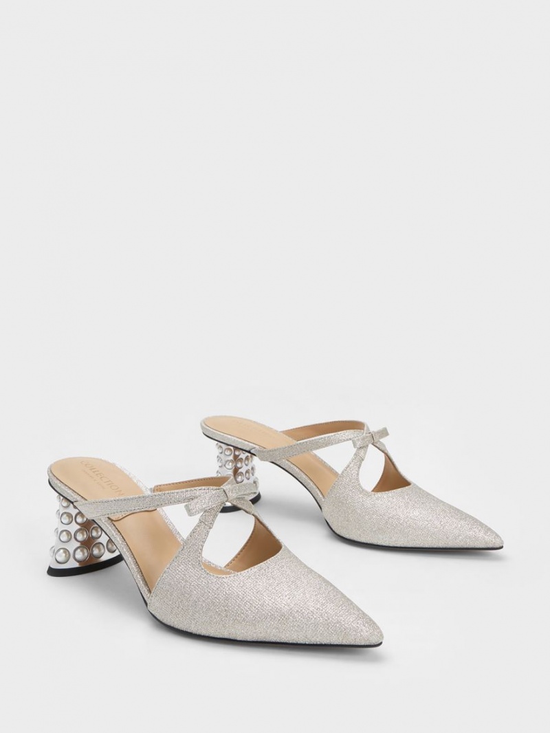 Charles And Keith Jacinda Beaded Heel Glittered Bow Mules Silver | PHILIPPINES D895