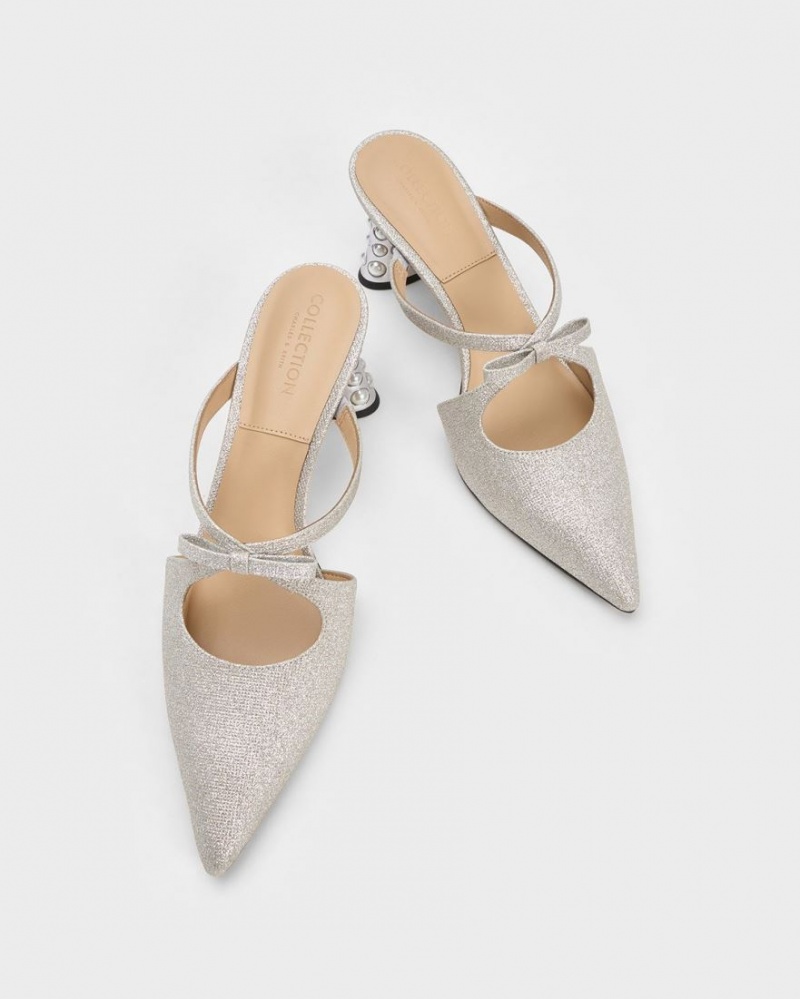 Charles And Keith Jacinda Beaded Heel Glittered Bow Mules Silver | PHILIPPINES D895