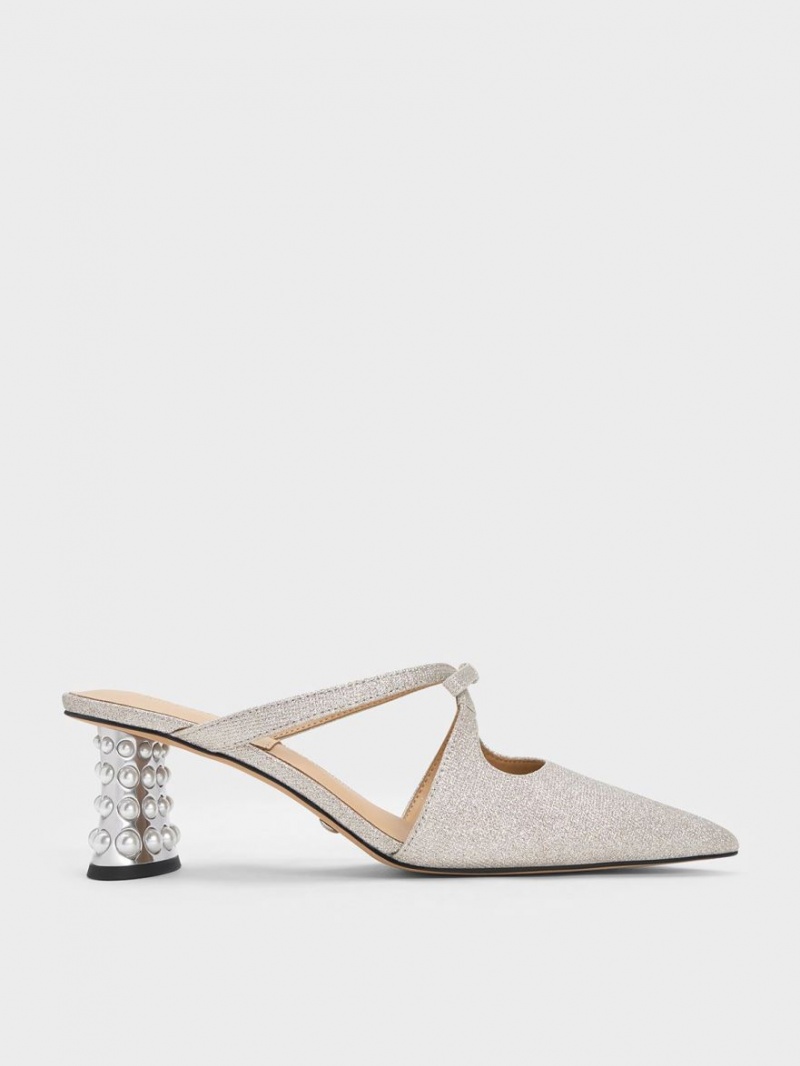 Charles And Keith Jacinda Beaded Heel Glittered Bow Mules Silver | PHILIPPINES D895