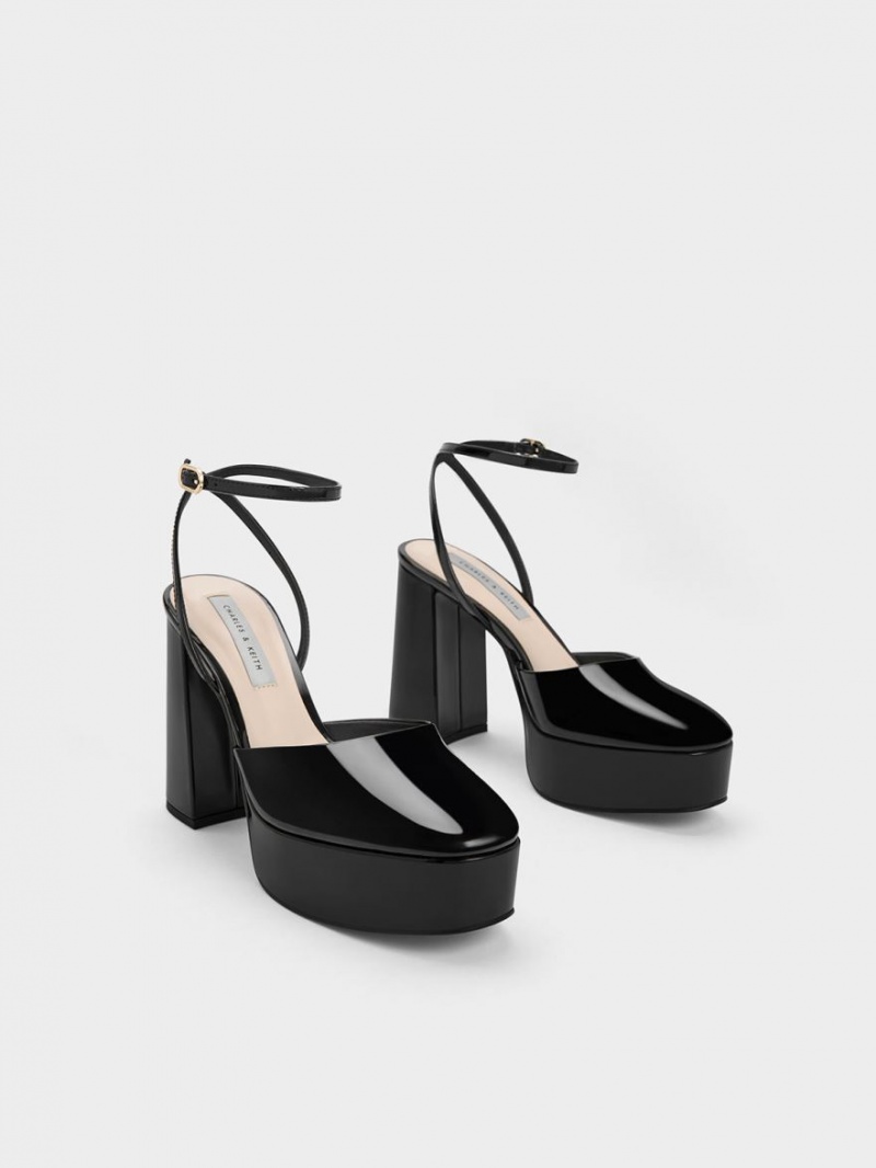 Charles And Keith Jemma Patent Platform Ankle-Strap Pumps Black | PHILIPPINES Z254