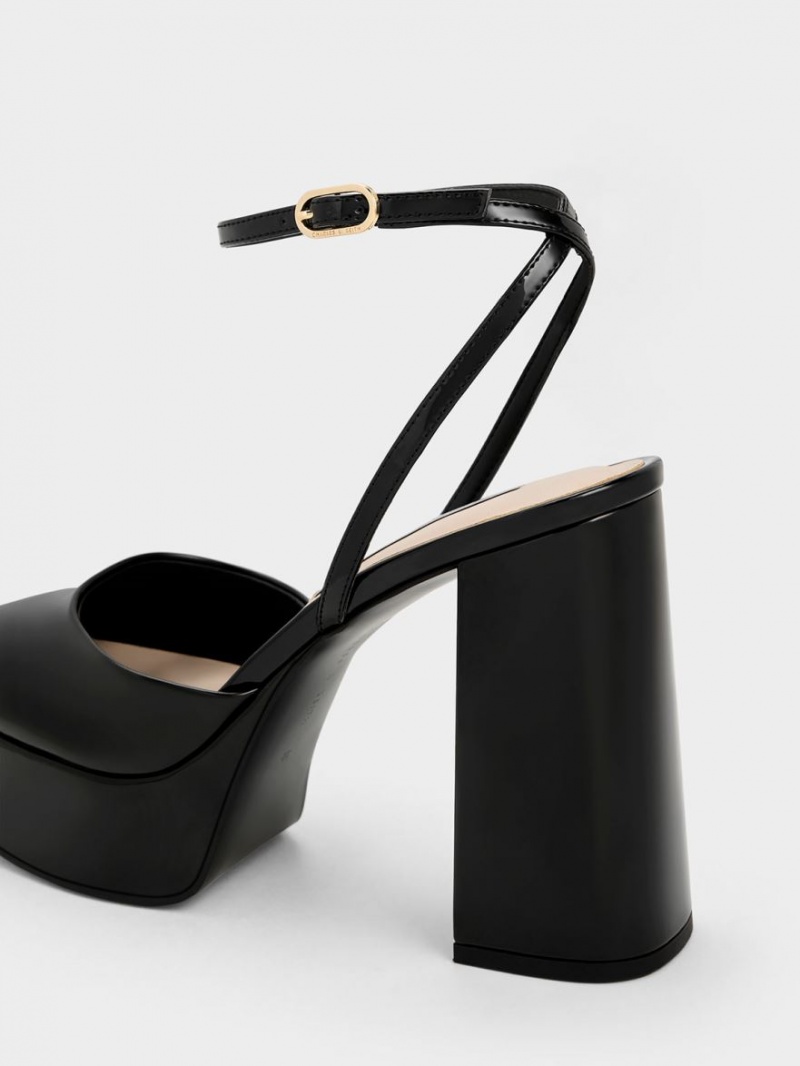 Charles And Keith Jemma Patent Platform Ankle-Strap Pumps Black | PHILIPPINES Z254