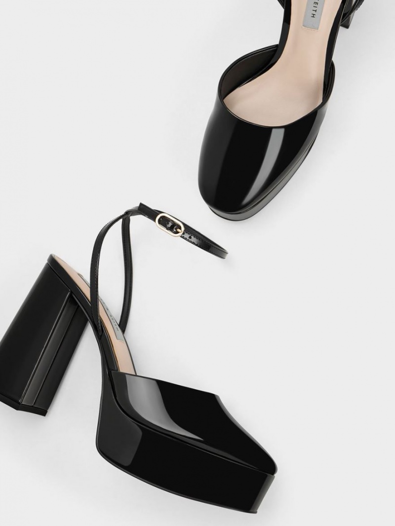 Charles And Keith Jemma Patent Platform Ankle-Strap Pumps Black | PHILIPPINES Z254