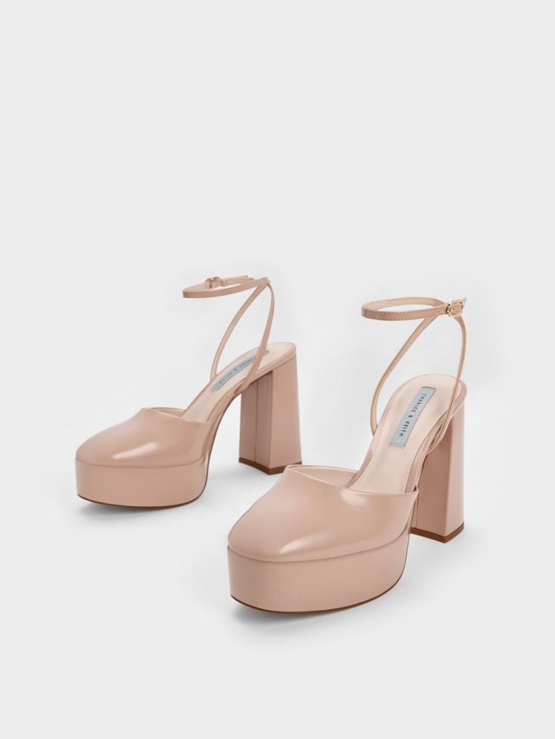 Charles And Keith Jemma Patent Platform Ankle-Strap Pumps Beige | PHILIPPINES O407