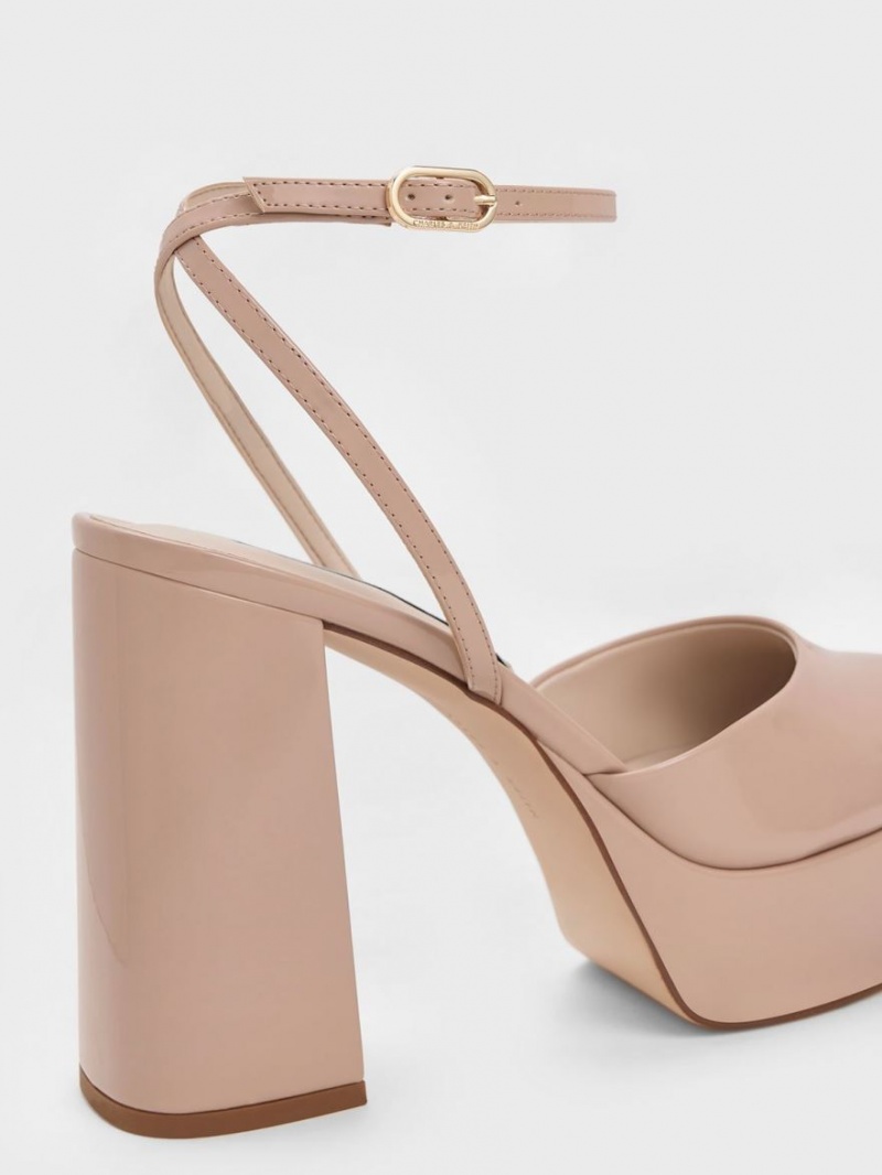 Charles And Keith Jemma Patent Platform Ankle-Strap Pumps Beige | PHILIPPINES O407