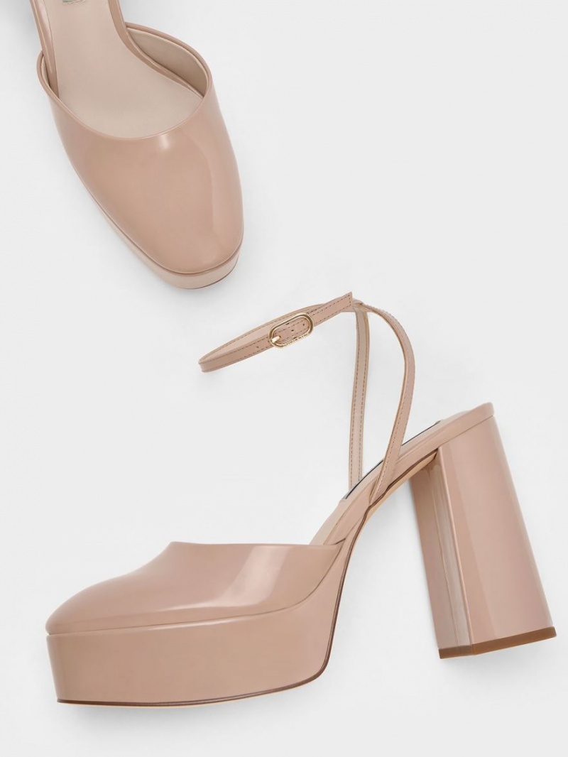 Charles And Keith Jemma Patent Platform Ankle-Strap Pumps Beige | PHILIPPINES O407