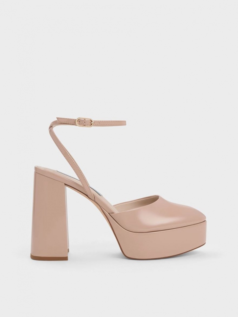 Charles And Keith Jemma Patent Platform Ankle-Strap Pumps Beige | PHILIPPINES O407