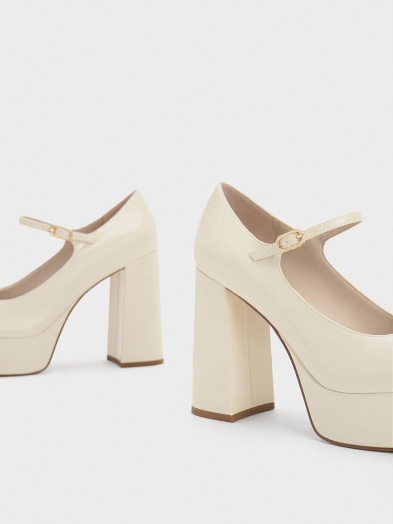 Charles And Keith Jemma Patent Platform Mary Jane Pumps Cream | PHILIPPINES X968